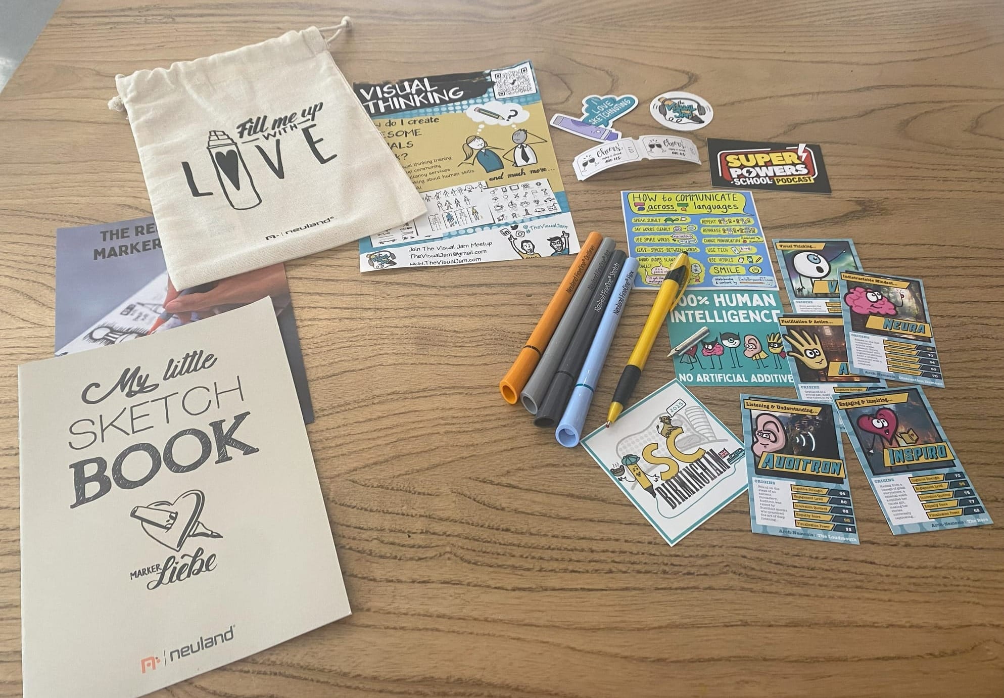 Goodie bag contents with pens and stickers